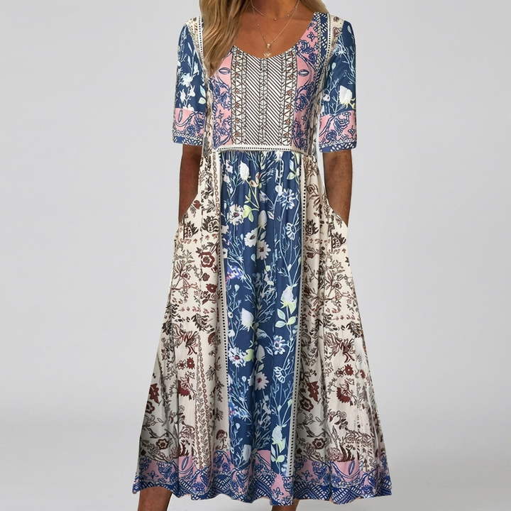 Boho Printed Square Neck Midi Dress