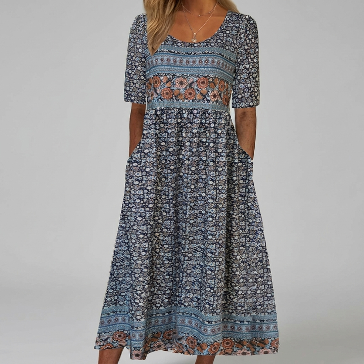 Boho Printed Square Neck Midi Dress