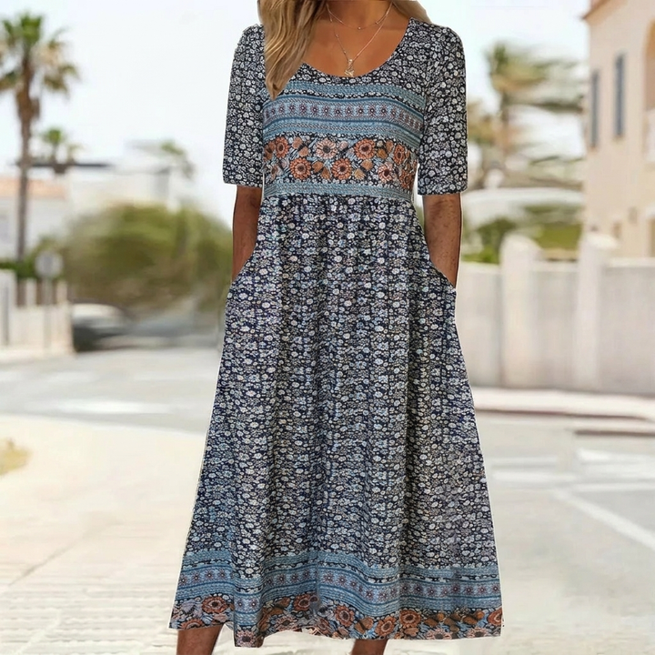 Boho Printed Square Neck Midi Dress
