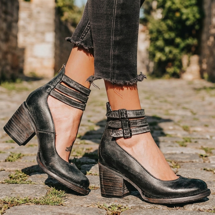 Closed-Toe Buckle Strap Block Heels