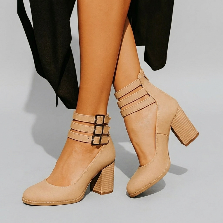 Closed-Toe Buckle Strap Block Heels