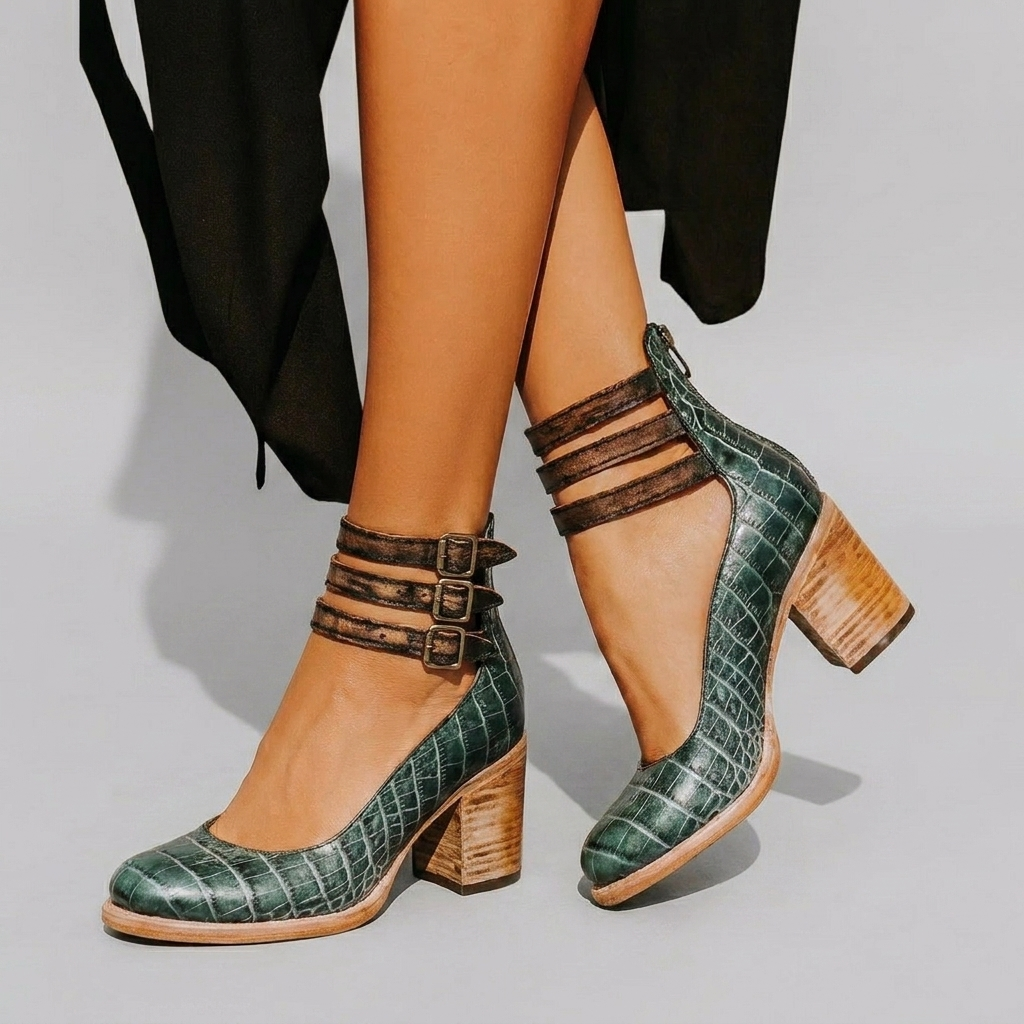 Closed-Toe Buckle Strap Block Heels