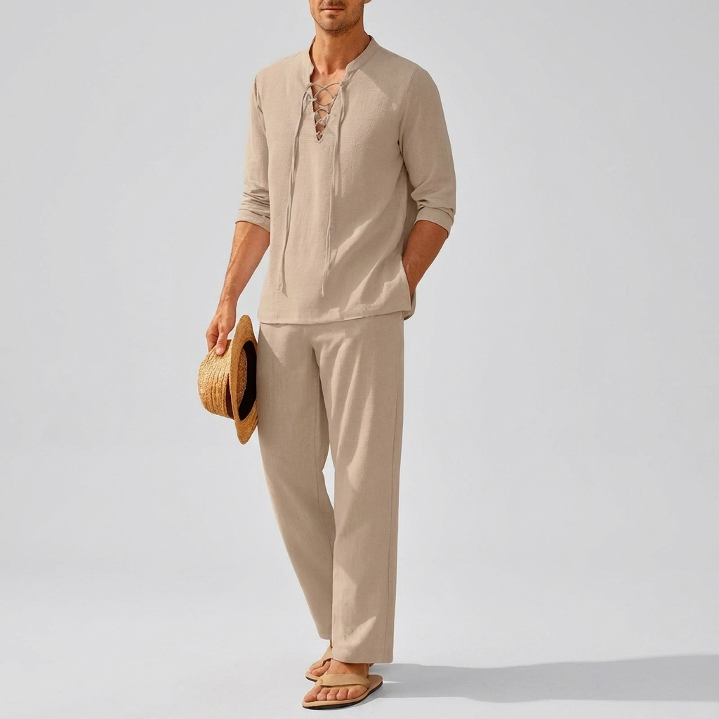 Men’s Boho Lace-Up Shirt and Pants Set