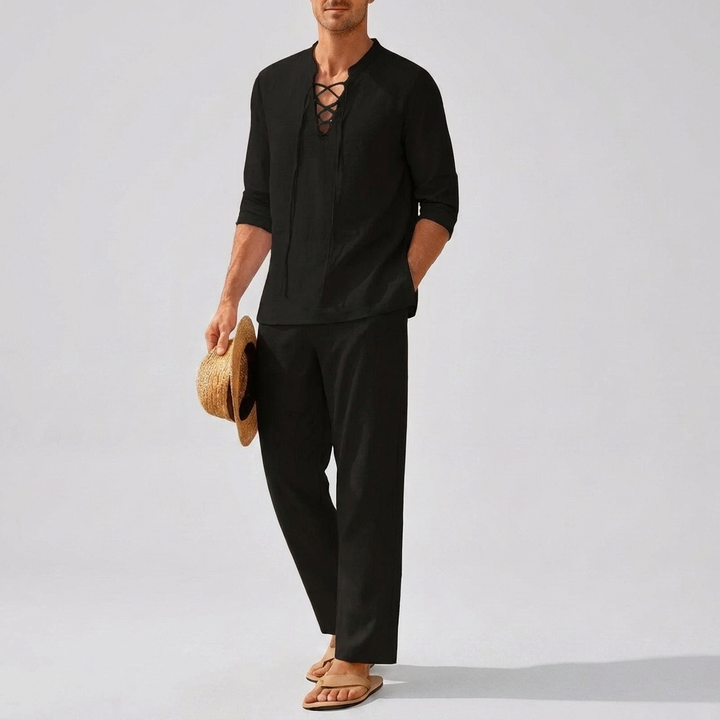 Men’s Boho Lace-Up Shirt and Pants Set