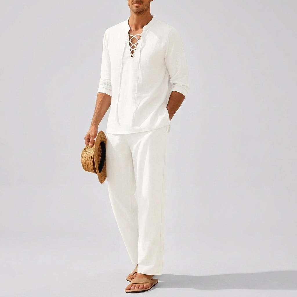 Men’s Boho Lace-Up Shirt and Pants Set