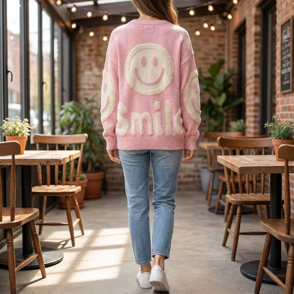 Oversized Smiley Print Sweater for Women