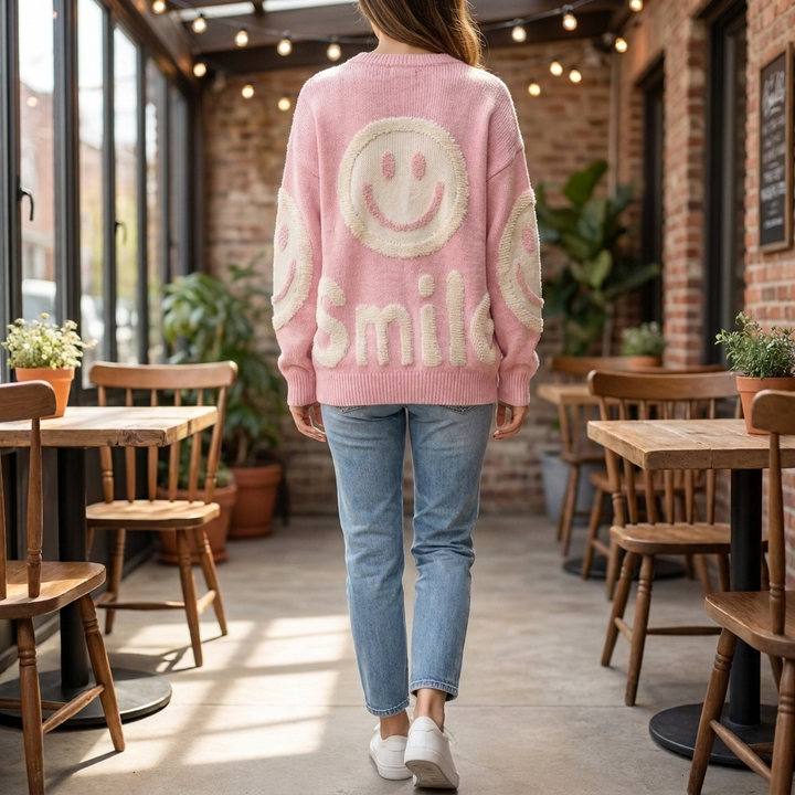 Oversized Smiley Print Sweater for Women