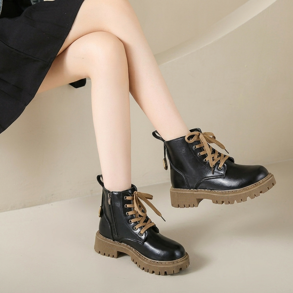Lace-Up Ankle Boots with Lug Sole & Side Zip