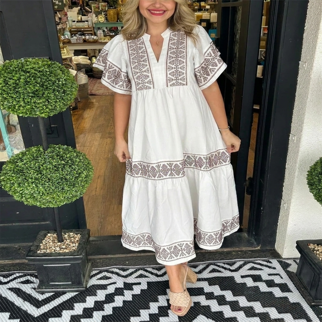 Breezy V-Neck Boho Midi Dress