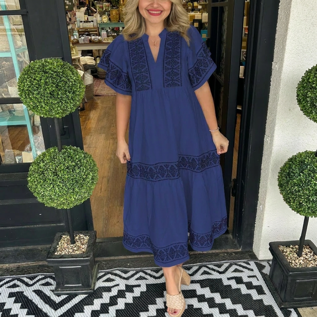 Breezy V-Neck Boho Midi Dress