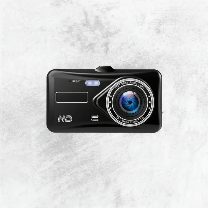 "Wireless dual dash camera, night vision, 170° angle, HD 1080p, front and rear lenses, LCD screen, sleek black design."